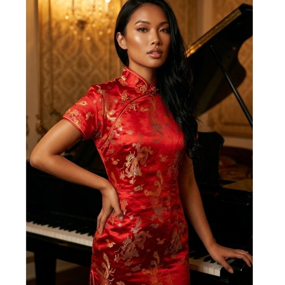 Jin Hon Red Dragon Phoenix Satin Qipao Cheongsam Dress Mandarin‎ Collar Size 48